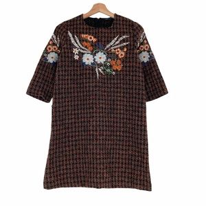 Zara Tweed Shift Dress Embroidered Short-Sleeve